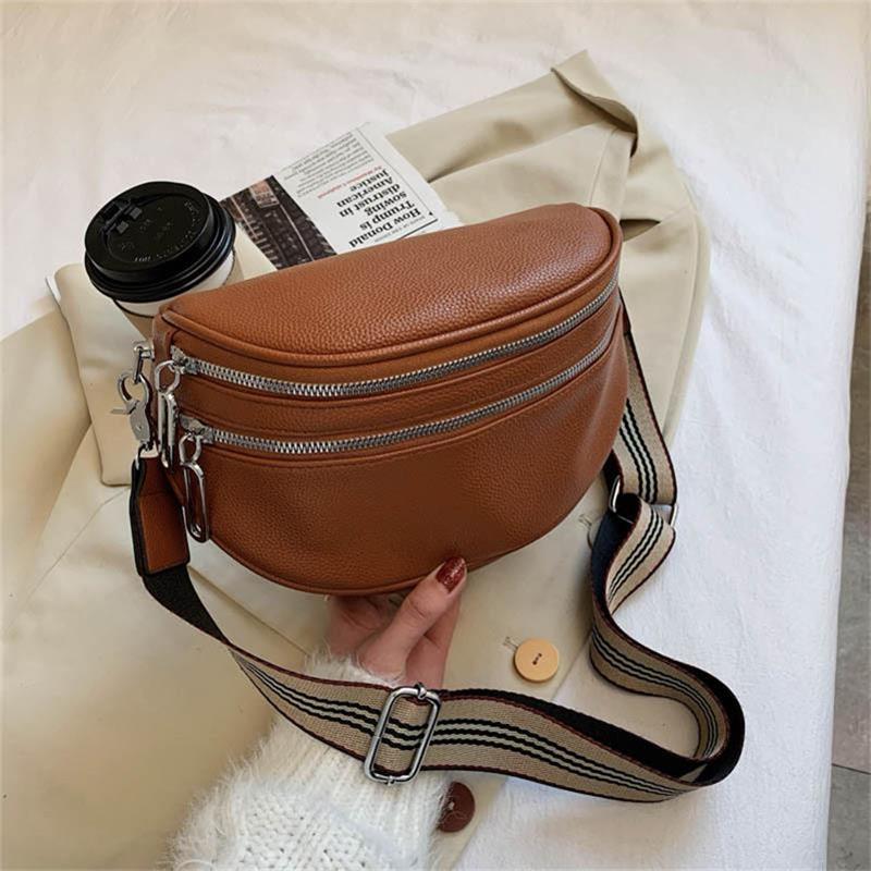 Sac de selle à bandoulière solide en cuir pour femmes, sac de poitrine multi-poches