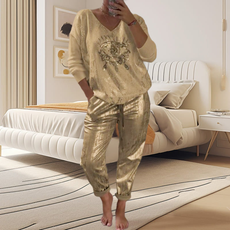 Ensemble 2 pièces pour femmes : ensemble haut en feuille d'or et pantalon à paillettes Devil's Eye
