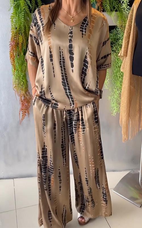 Costume deux pièces décontracté en satin à col rond