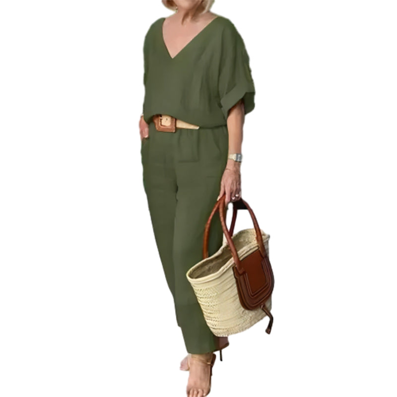 Ensemble 2 pièces : Haut ample à col en V et pantalon avec poches