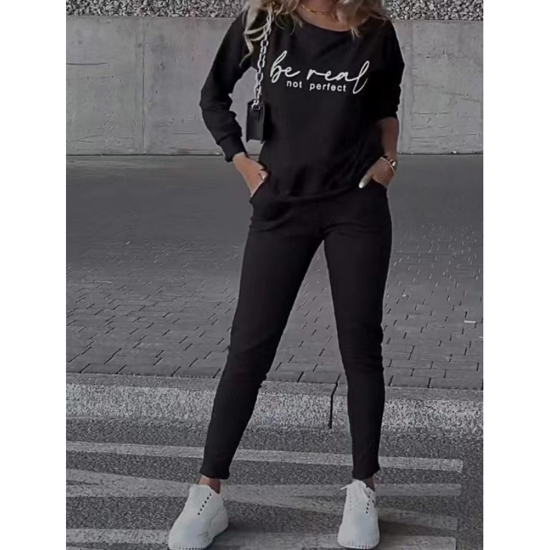 Ensemble 2 Pièces - Top à Col Rond Imprimé et Pantalon avec Poches Pratiques