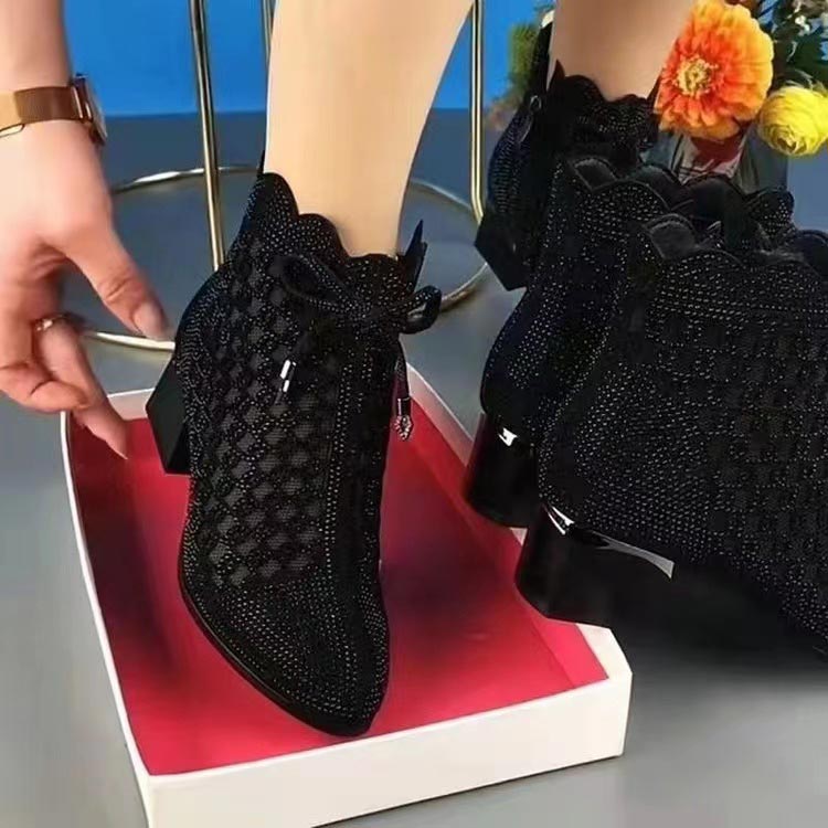 Bottes Courtes en Maille Creuse à Perles et Talons Épais pour Femmes