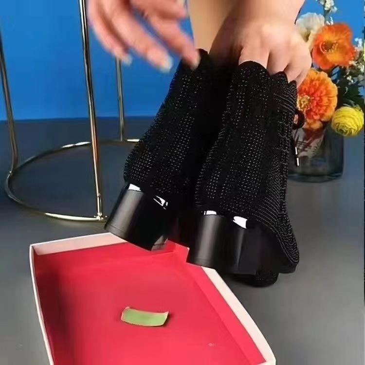 Bottes Courtes en Maille Creuse à Perles et Talons Épais pour Femmes