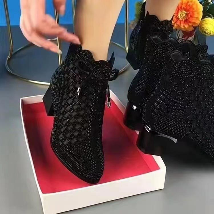 Bottes Courtes en Maille Creuse à Perles et Talons Épais pour Femmes