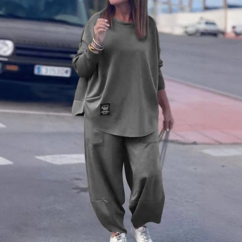 Ensemble 2 pièces en coton décontracté, haut et pantalon de couleur unie