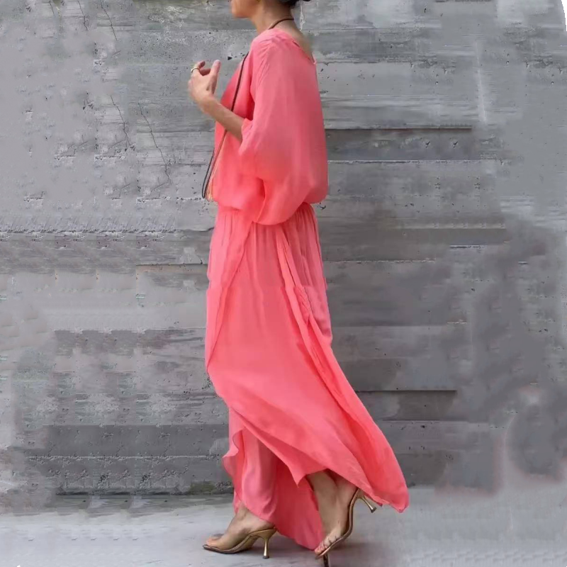 Ensemble 2 Pièces en Chiffon : Haut Ample et Pantalon Fendu à Jambes Larges