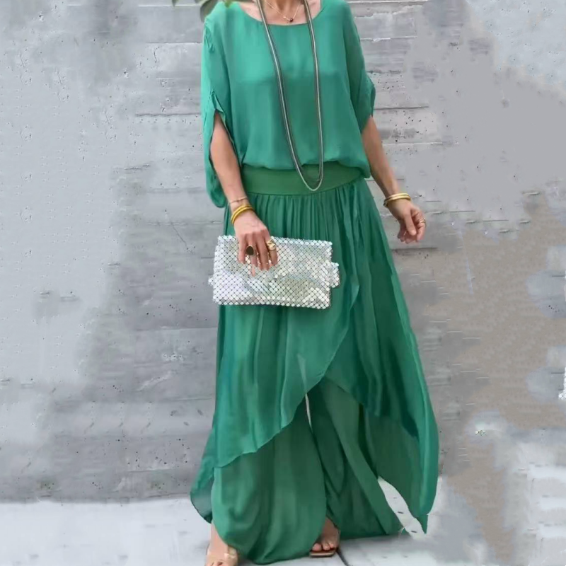 Ensemble 2 Pièces en Chiffon : Haut Ample et Pantalon Fendu à Jambes Larges