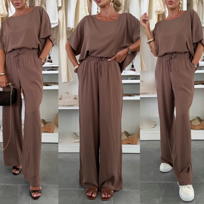 Ensemble 2 pièces - Top à manches courtes et pantalon à cordon de serrage - couleur unie