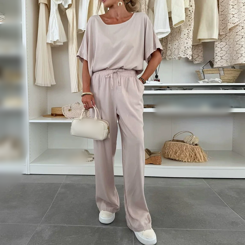 Ensemble 2 pièces - Top à manches courtes et pantalon à cordon de serrage - couleur unie