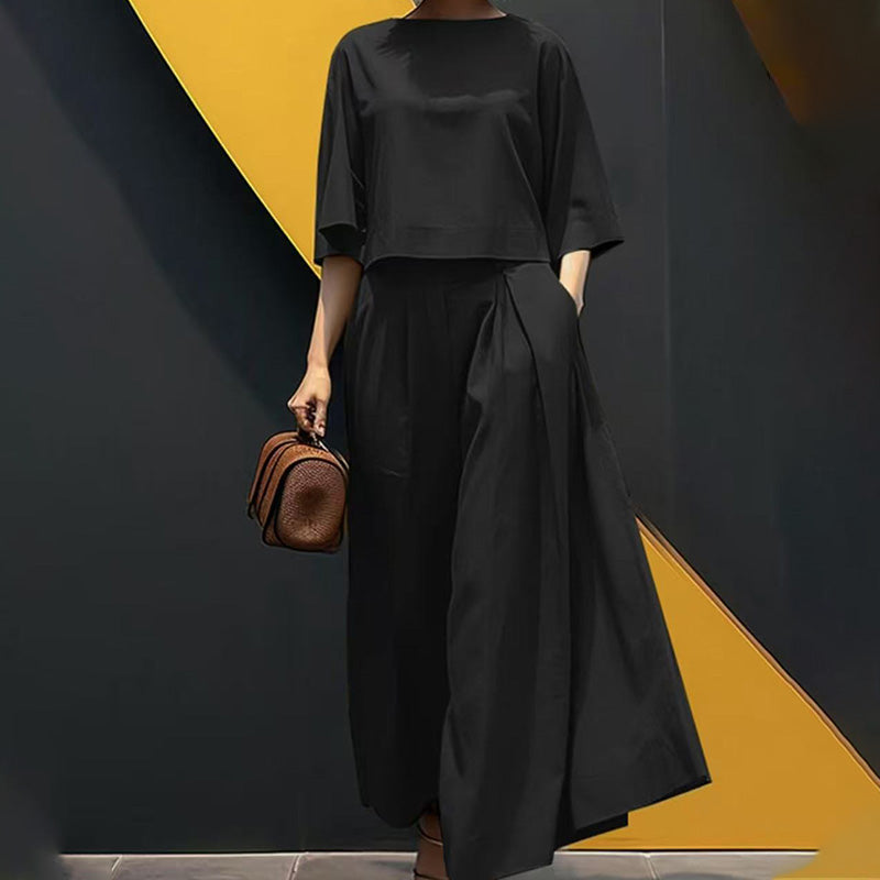 Ensemble 2 pièces décontracté pour femme, t-shirt à col rond et manches 3/4 et pantalon ample