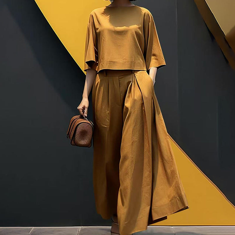 Ensemble 2 pièces décontracté pour femme, t-shirt à col rond et manches 3/4 et pantalon ample