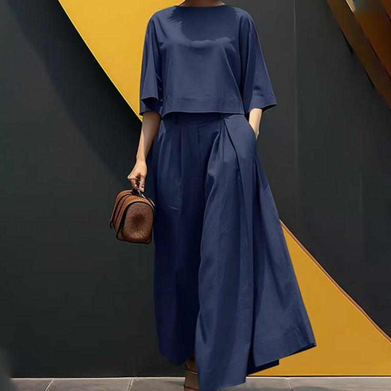 Ensemble 2 pièces décontracté pour femme, t-shirt à col rond et manches 3/4 et pantalon ample