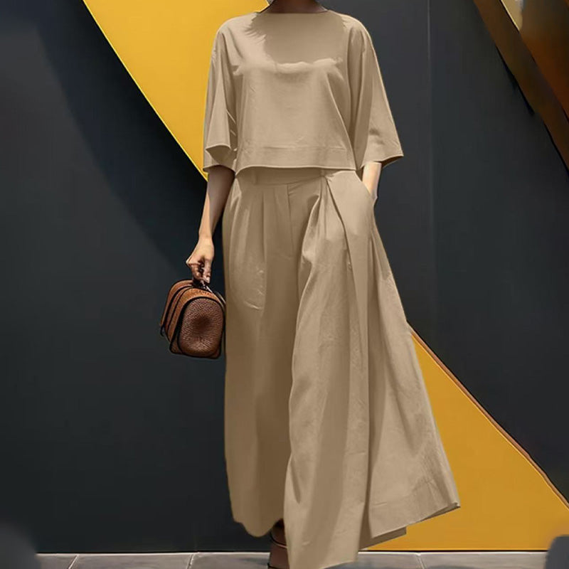 Ensemble 2 pièces décontracté pour femme, t-shirt à col rond et manches 3/4 et pantalon ample