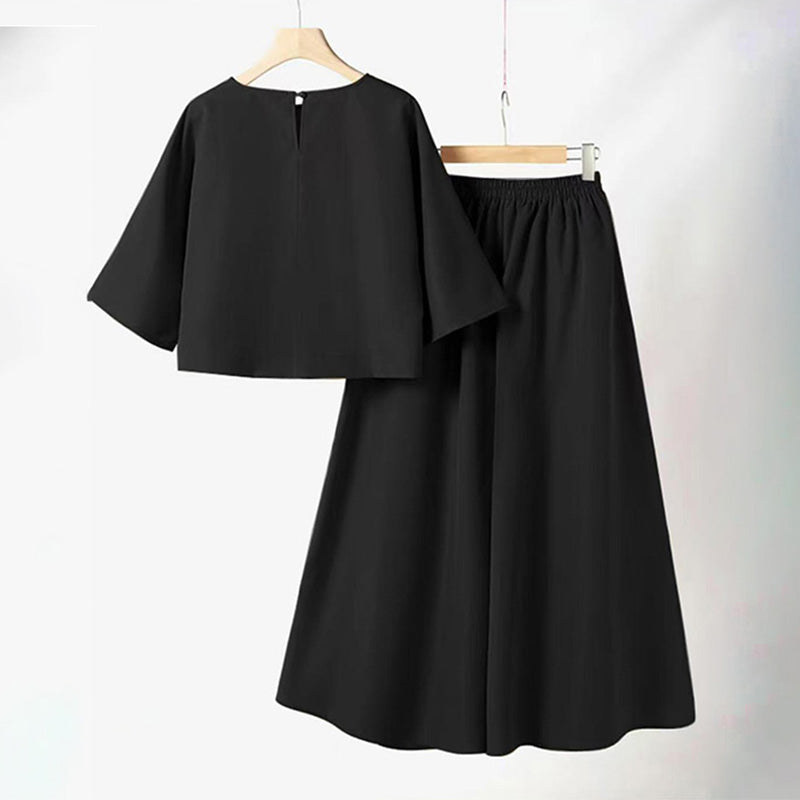 Ensemble 2 pièces décontracté pour femme, t-shirt à col rond et manches 3/4 et pantalon ample