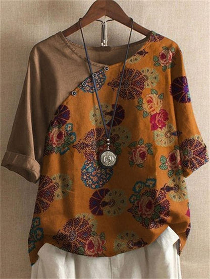 🔥T-shirt floral boutonné à manches courtes pour femme