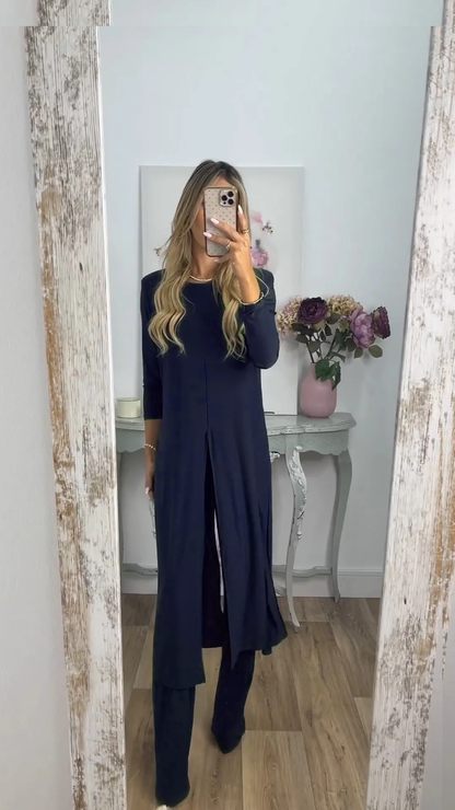 Costume 2 pièces élégant et décontracté avec haut long et pantalon assorti