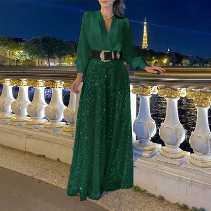 Chemise élégante à manches longues et col en V + pantalon large à paillettes (🔥avec ceinture)