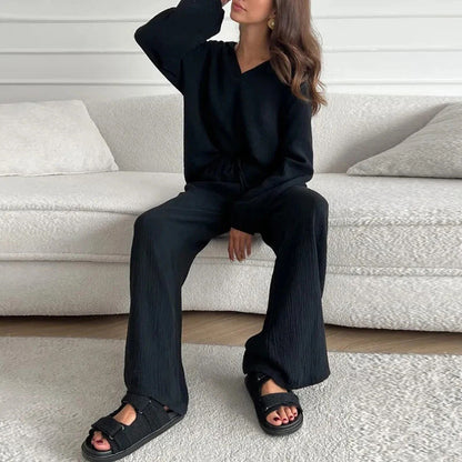 Ensemble 2 Pièces Décontracté de Couleur Unie - Haut à Col en V et Pantalon Long Ample