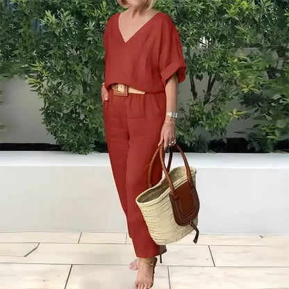 Ensemble 2 pièces : Haut ample à col en V et pantalon avec poches
