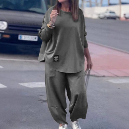 Ensemble 2 pièces en coton décontracté, haut et pantalon de couleur unie