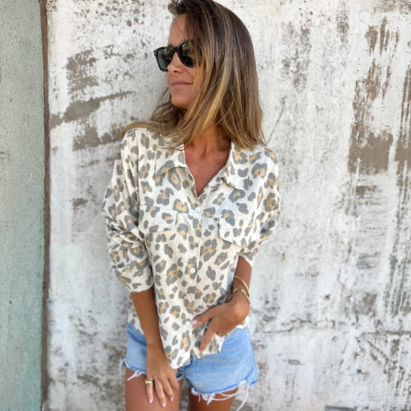 Chemise Vintage Imprimée à Col et Manches Longues